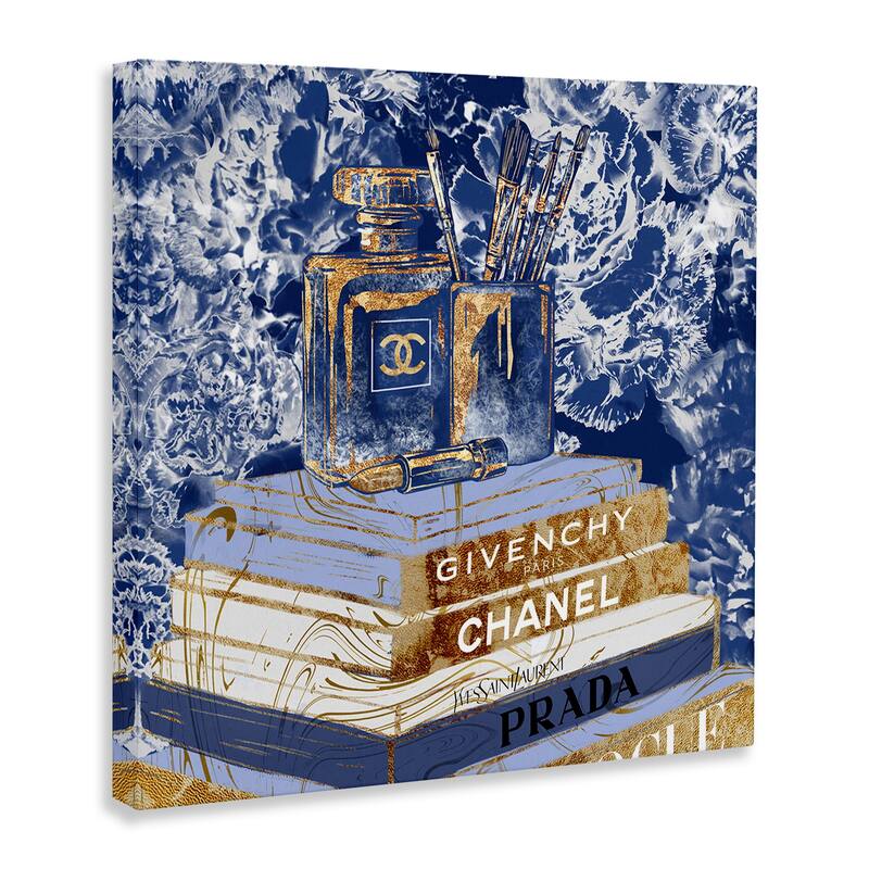 Stupell Fashion Book Pile Glam Designer Accessories Blue Gold Canvas Wall Art