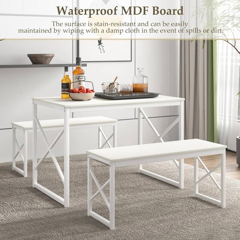 44.3" Dining Table with Benches Kitchen Table set for 4 Rectangular Dining Room Table Set with 2 Metal Wood Benches