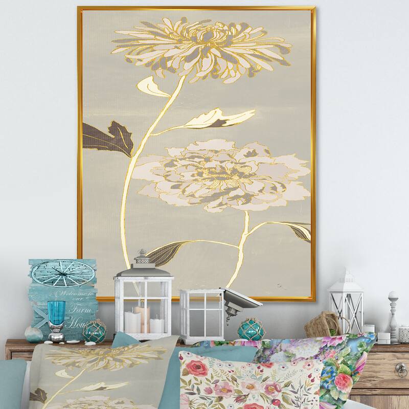 Designart "Golden Floral Garden II" Modern Glam Framed Canvas - Grey - 34 in. wide x 44 in. high - Gold