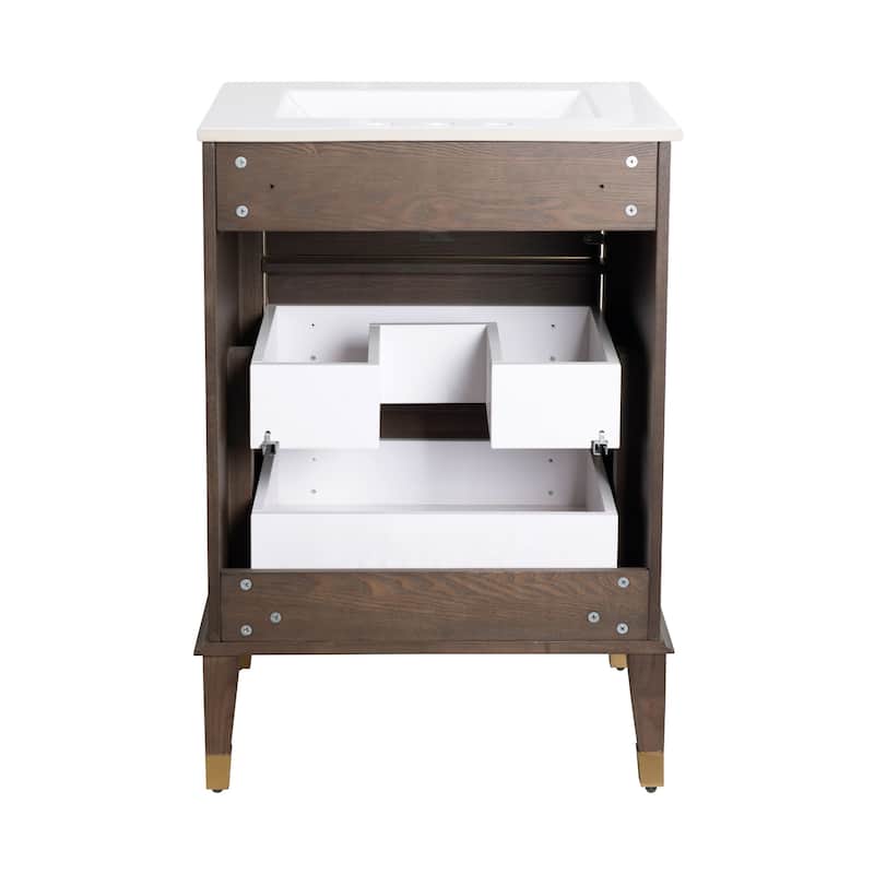 Hugo 24 In. Brown Oak Bathroom Vanity With White, 3-Hole Ceramic Sink Top