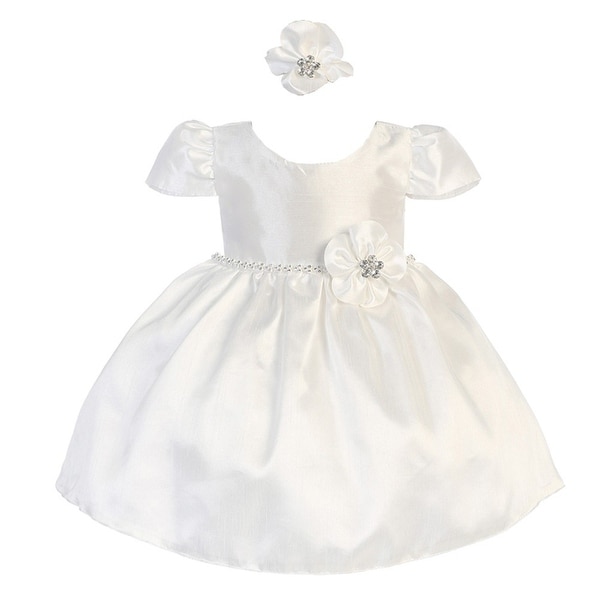 Baby Girls White Poly Shantung Glitter Waist Headband Flower Girl Dress
