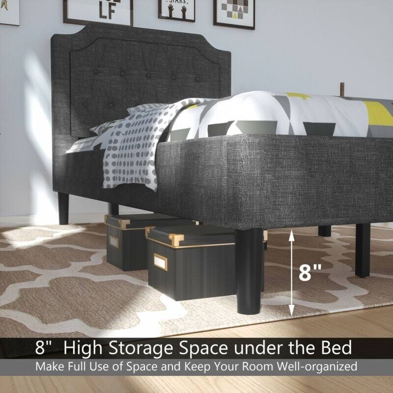 Linen Twin Upholstered Platform Bed with Frame Headboard Mattress Foundation