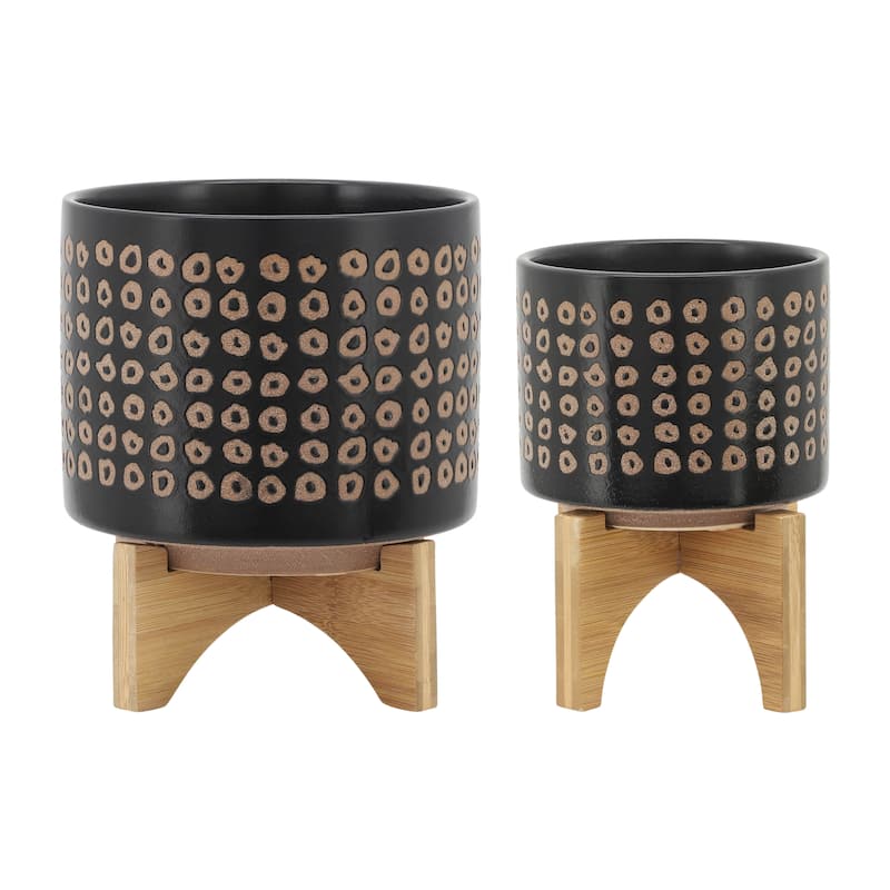 Sagebrook Home Neutral Tan and Brown Ceramic Dotted Planter with Wood Stand Indoor Outdoor