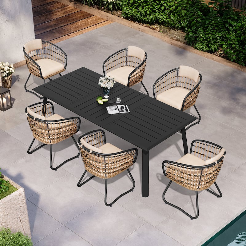 7PC Outdoor Aluminum Dining Table with Umbrella Hole with Rattan Chair