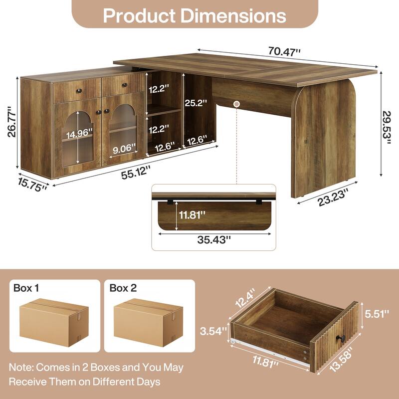 L Shaped Desk, 71-Inch Executive Office Desk with File Cabinet