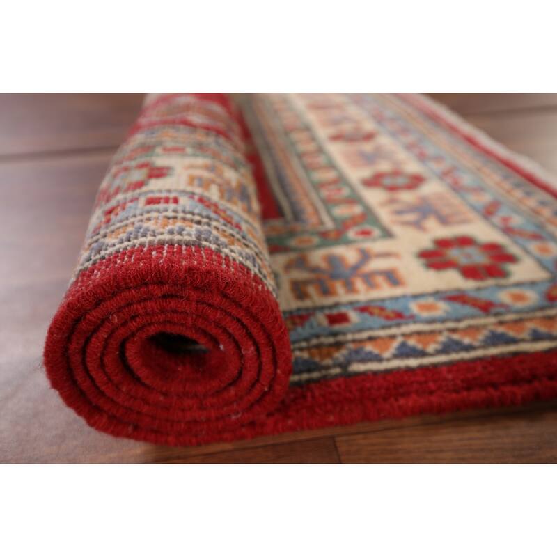 Geometric Red Kazak Oriental Accent Rug Hand-Knotted Wool Carpet - 2'8" x 4'1"