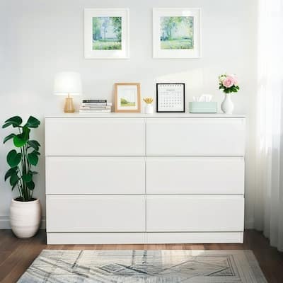 6-Drawer White Modern Dresser with Spacious Countertop, Wood Storage Cabinet with Concealed Handles