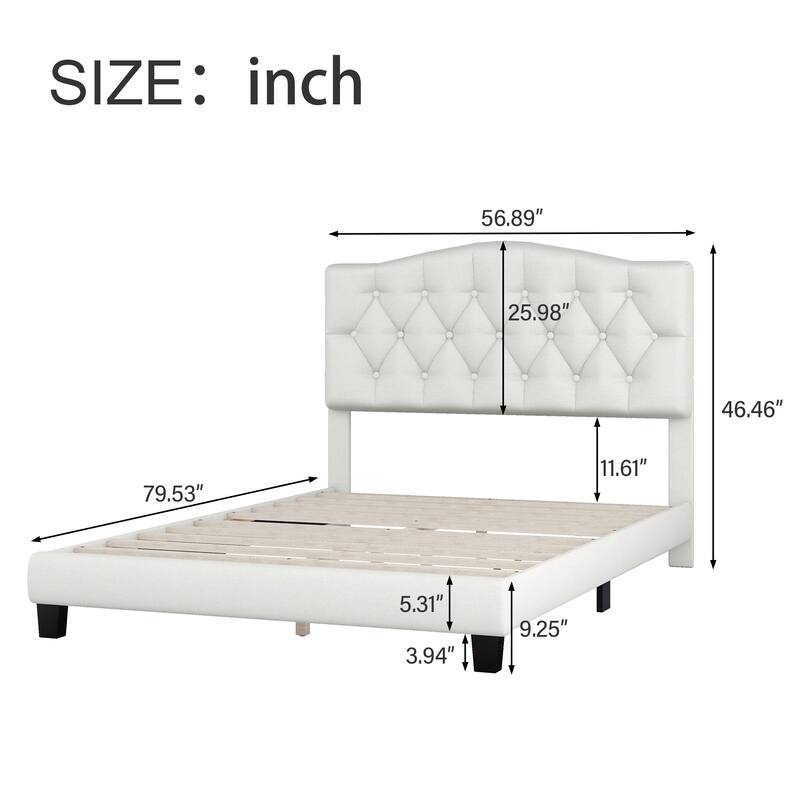 Beige Upholstered Low Profile Platform Bed Frame Saddle Curved Headboard Wingback Bed with Diamond Tufted Details Panel Bed