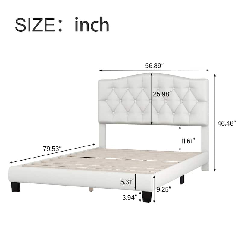 Upholstered Platform Bed with Saddle Curved Headboard and Diamond Tufted Details