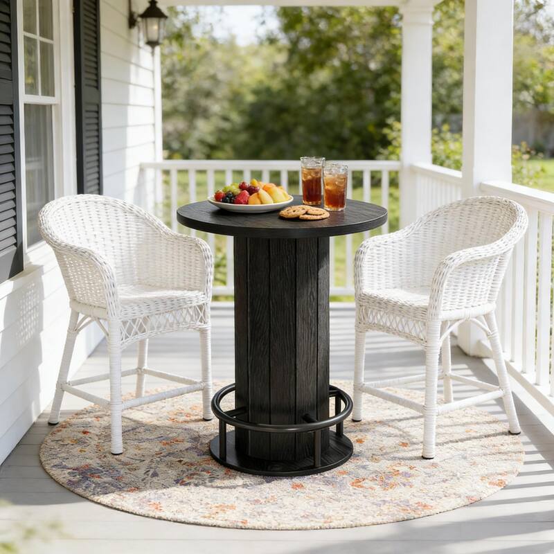 Round Bar Table with Fence-Style Base, Wood Cocktail Table Pub Table with Footrest, Coffee Table Kitchen Dining Table
