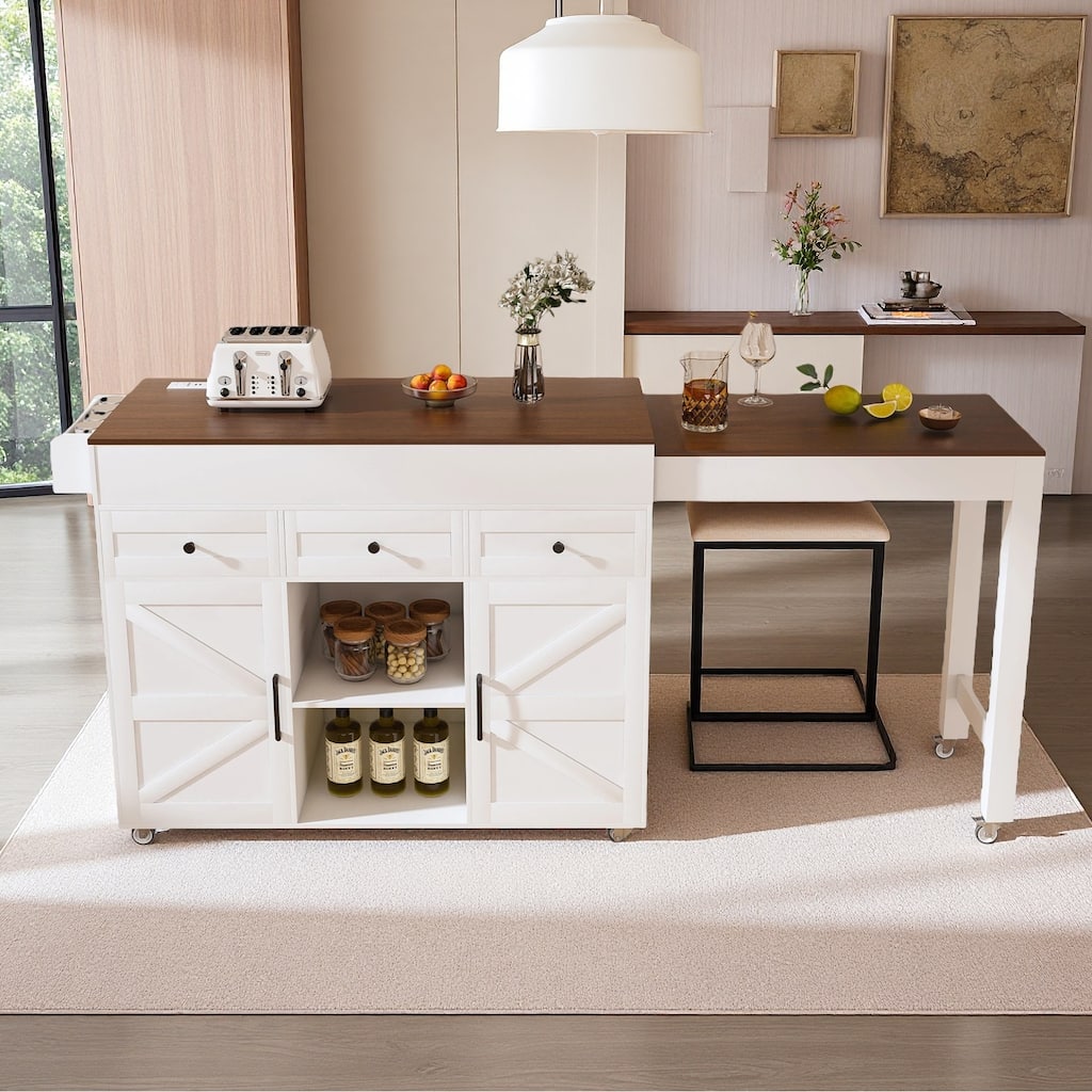 Kitchen Island with Extendable Dining Table, Kitchen Storage Cart on Wheels with 2 Drawers, Rolling Extendable Island Cart