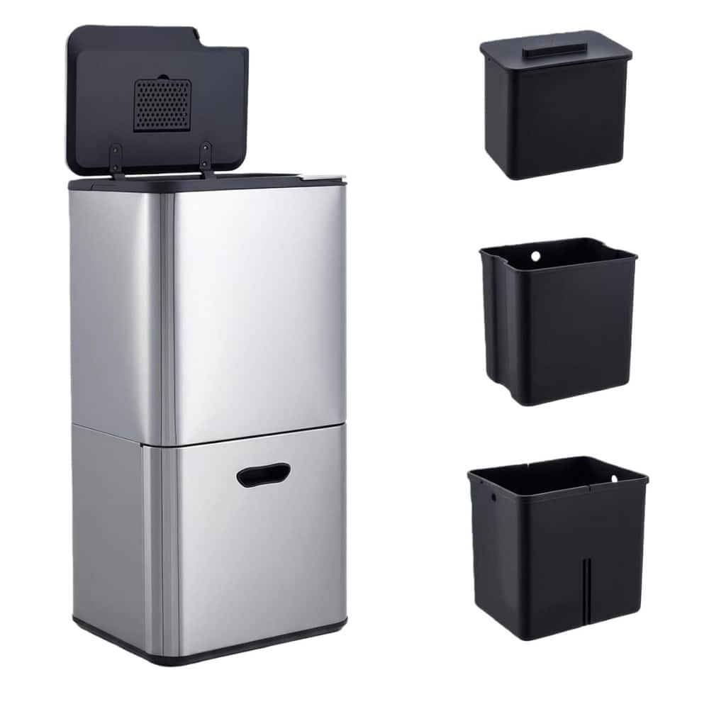 16-Gallon Dual Compartment Stainless Steel Trash and Recycle Bin with Odor Filter and Removable Buckets Silver