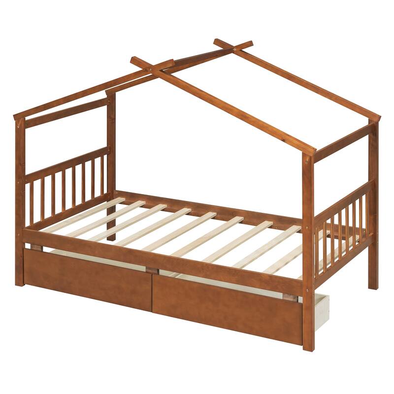Twin Size Wooden House Bed with Drawers, Walnut Finish