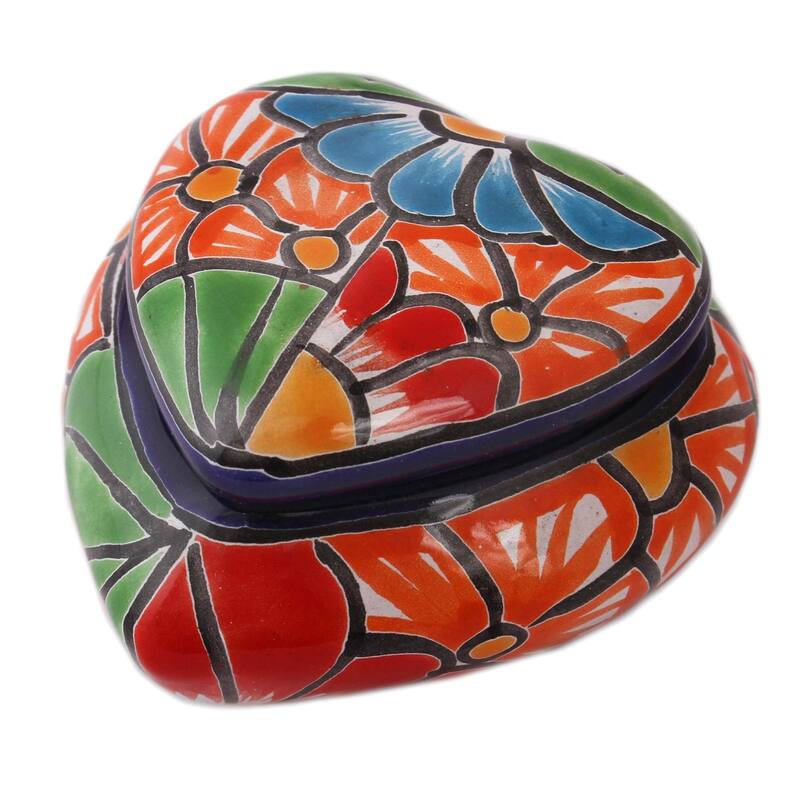 Handmade Floral Heart Ceramic Decorative Box (Mexico) - 2.2" H x 3.3" W x 3.6" D