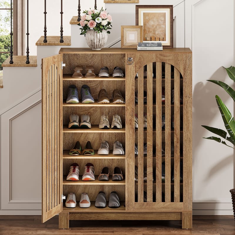 Shoe Cabinet with Louver Doors, 6-Tier Shoe Storage Cabinet with Adjustable Shelves