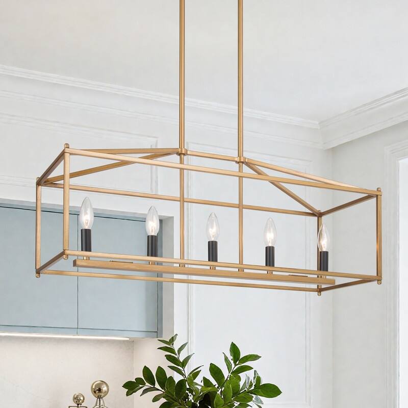 Dilley Modern Gold 5-Light Chandelier Rectangle Kitchen Island Light - 30" L x 10" W x 12" H