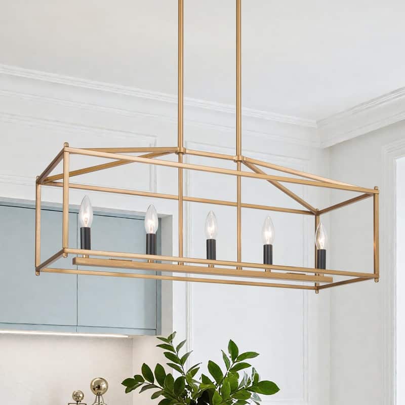 Dilley Modern Gold 5-Light Chandelier Rectangle Kitchen Island Light - 30" L x 10" W x 12" H