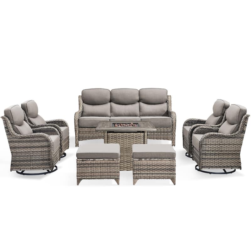 Pocassy 8 Pieces Outdoor 6" Sofa Swivel Chair Ottoman with Fire Pit Table