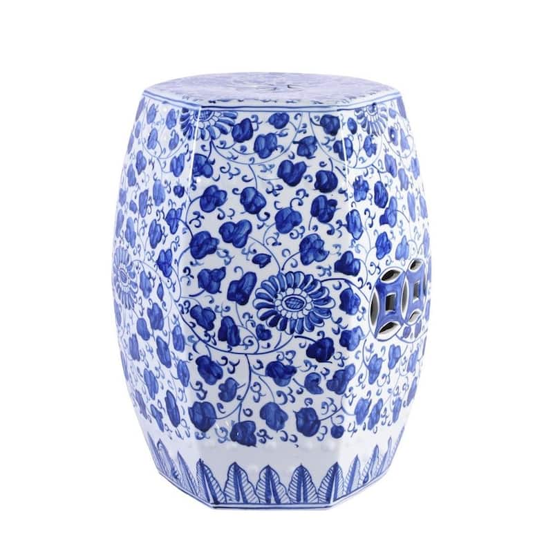 Blue & White Hex Garden Stool Grape Vines