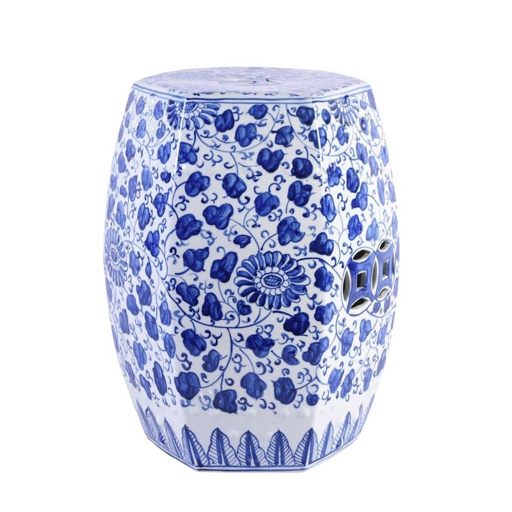 Blue & White Hex Garden Stool Grape Vines
