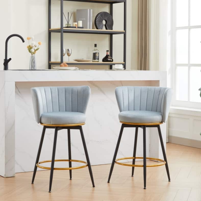 Mid-century Counter Height Bar Stools Set of 2 360° Swivel Barstools with Vertical Stripe Backrest and Round Padded Seat - Blue