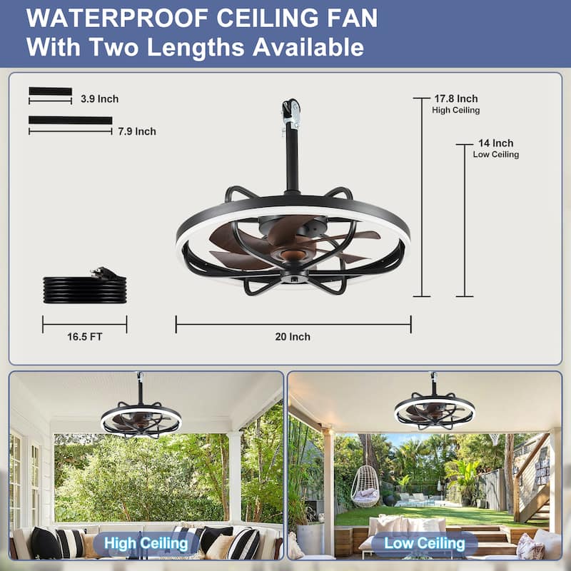 Waterproof Outdoor Ceiling Fan with Light - 20-Inch IP65 Plug-in, Remote App Control, 6-Speed Gazebo/Patio
