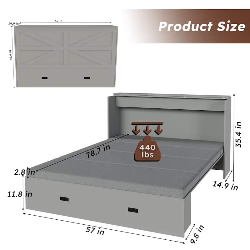 57" Murphy Bed with Storage Drawers & Charging Cabinet - Folding, Wheeled & Noise-Free for Guest Room, Living Room, Office
