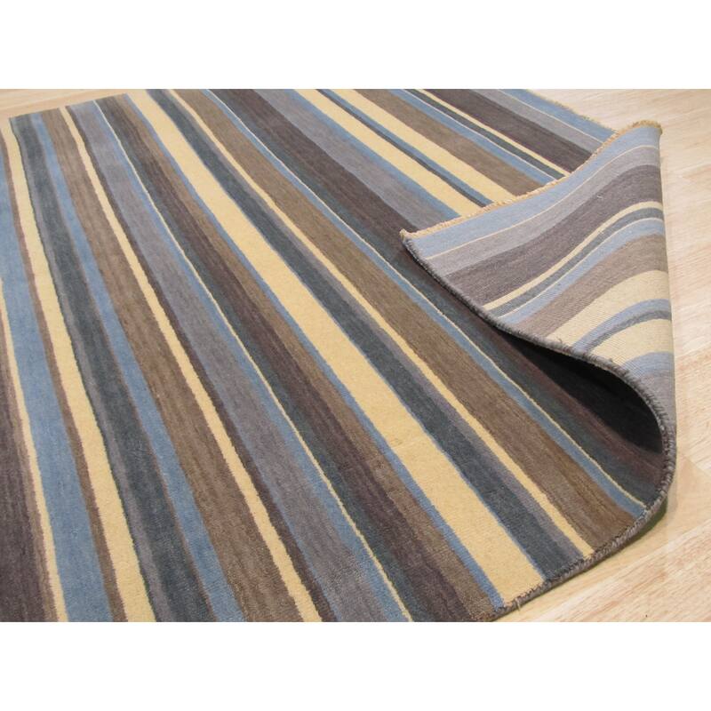 Blue/Brown Handmade Wool Transitional Striped Rug, 2' x 3', Small Accent for Home - L