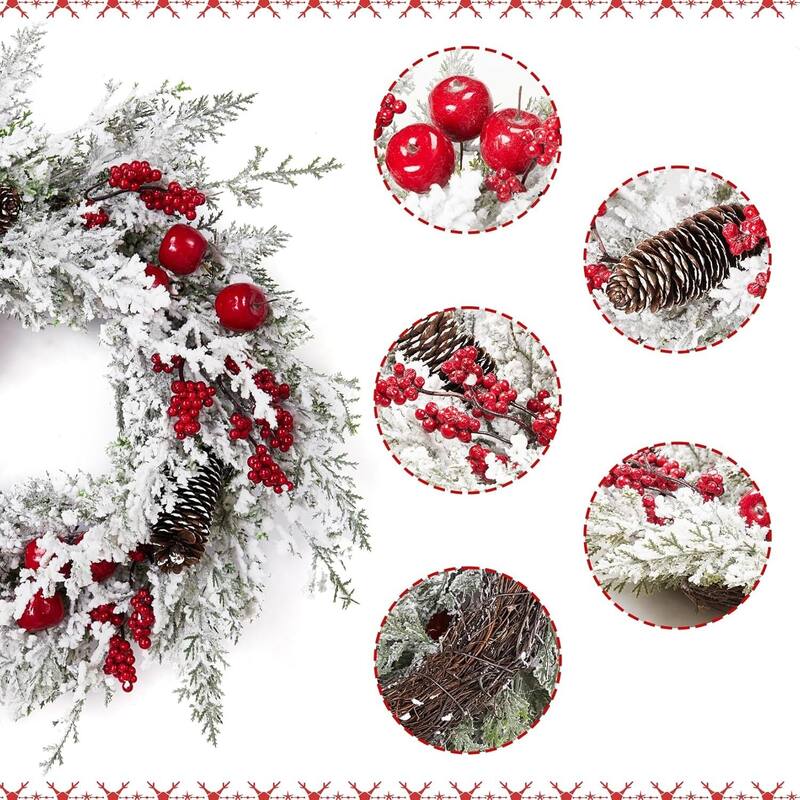 18 Inch Christmas White Snow Flocked Winter Wreath with Pine Cones - N/A