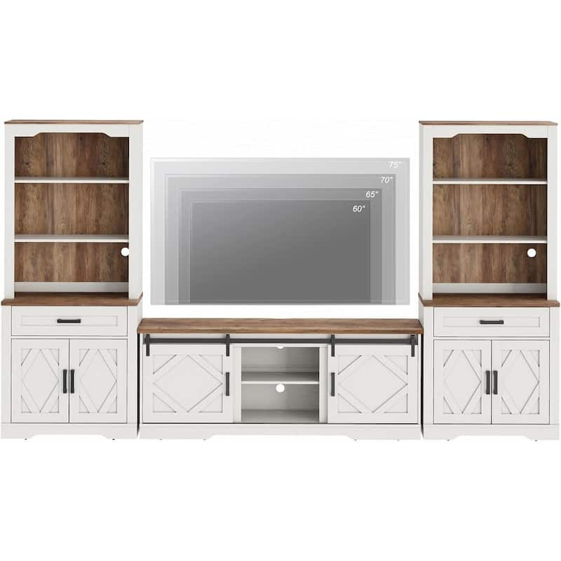Modern Farmhouse TV Stand with Bookcase for 65" 75" TV with Barn Door for Living Room, Bedroom & Home Office