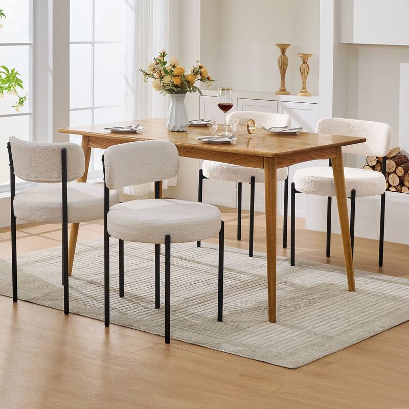 Set of 2 Modern Dining Chairs, Boucle Upholstery with Curved Backrest & Metal Legs, Kitchen & Living Room Seating