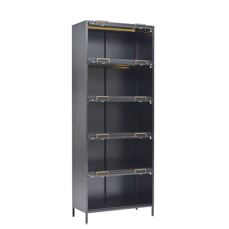 76.75"Iron Display Cabinet with Glass Doors,5-Tier Steel Barister Bookcase with LED Lights,Modern Curio Cabinet for Living Room