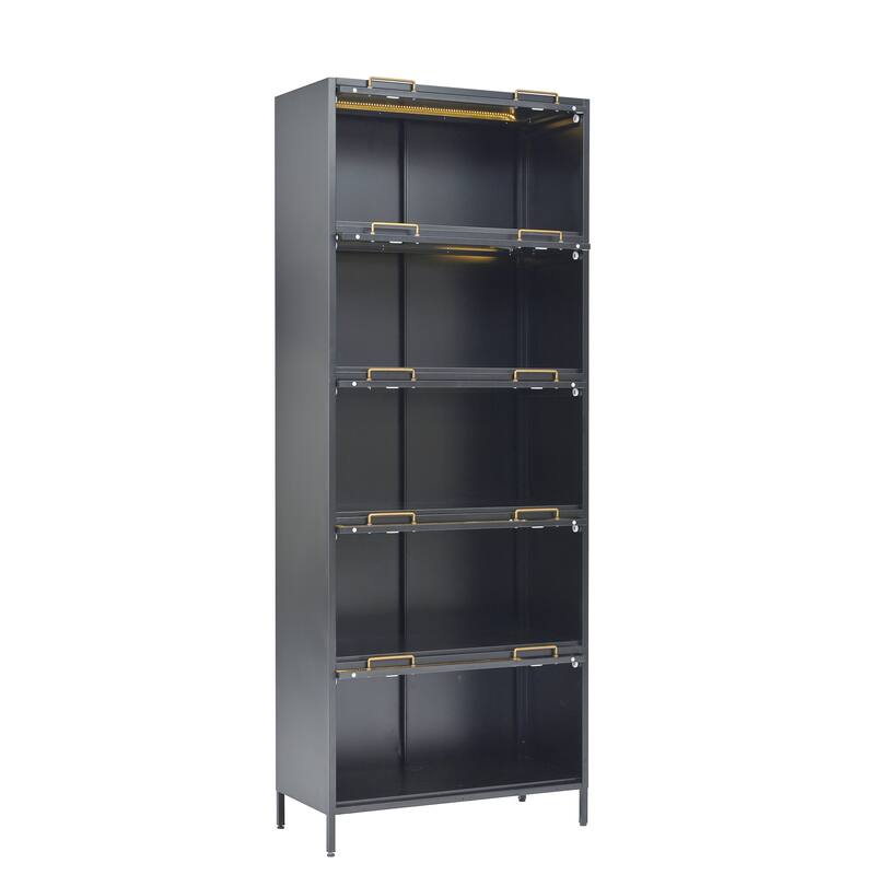 78.75'' Tall Iron Display Cabinet with Glass Doors, 5-Tier Steel Barister Bookcase with LED Lights for Collectibles, Mod