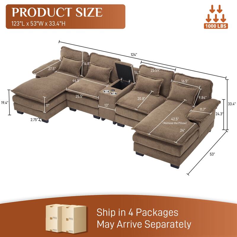 U-shaped Sectional Sofa Chenille Fabric Doudle Layer Cushion with USB Central Console