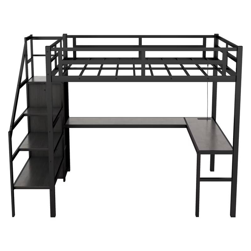 Full Size Metal Loft Bed with L-Shaped Desk, Wardrobe, USB Charging Station & LED Lights, Adjustable Stairs
