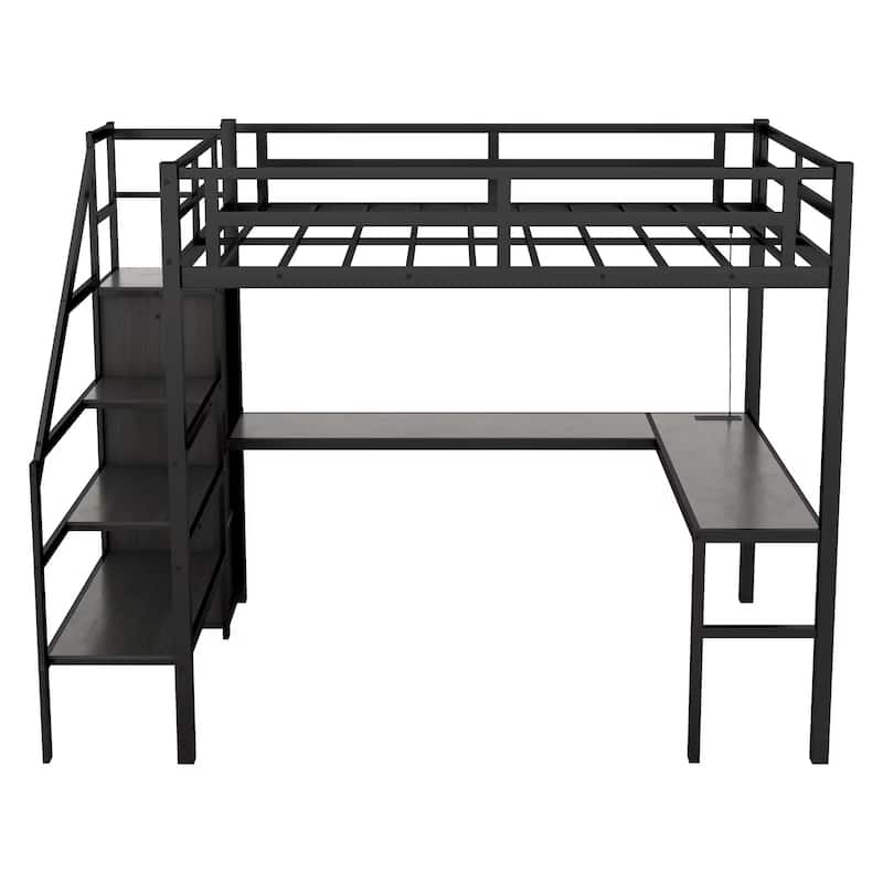 Full Size Metal Loft Bed with L-shaped Desk, LED, and Wardrobe