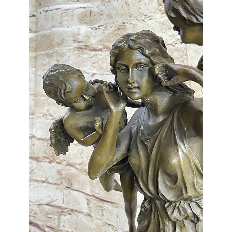 Signed Moreau Young Lady With Two Angels Bronze Sculpture Statue Figurine Decor