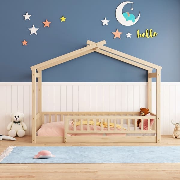 slide 2 of 9, Playhouse Inspired Twin House Bed with Fence - For Kids & Teens Natural