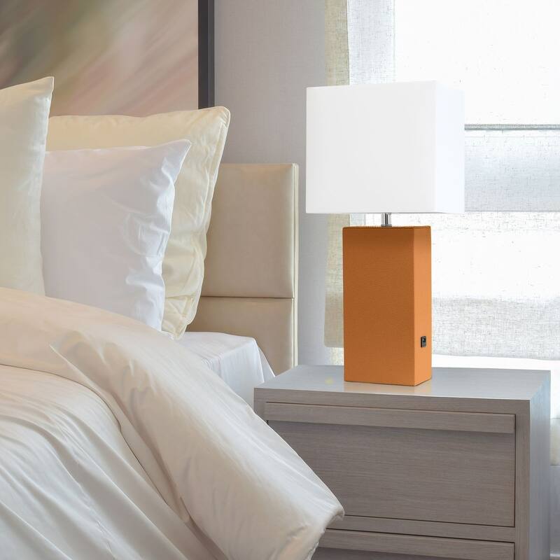 Modern Leather Table Lamp with USB and White Fabric Shade