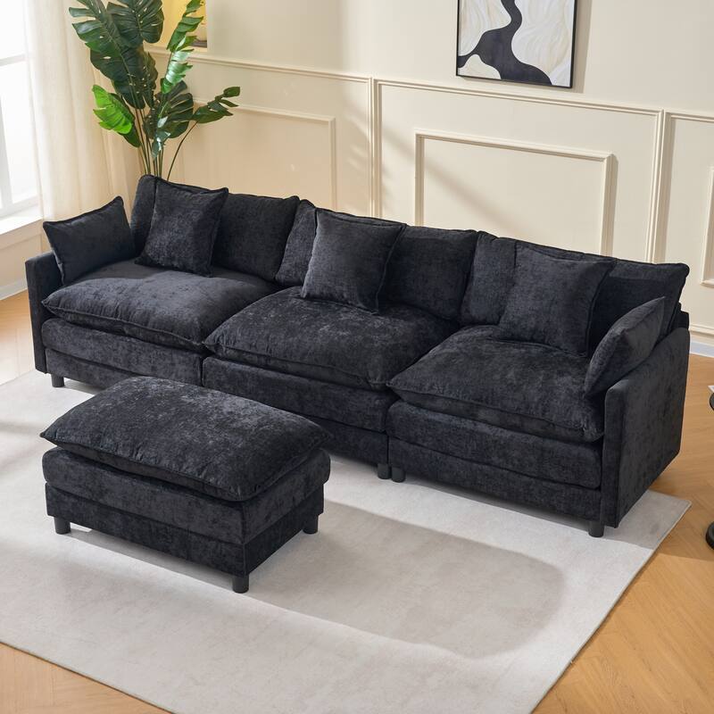 L Shaped Modular Sectional Sofa with Movable Ottoman, Chenille Upholstered Cloud Couch, Deep Seat Sofa with Pillow