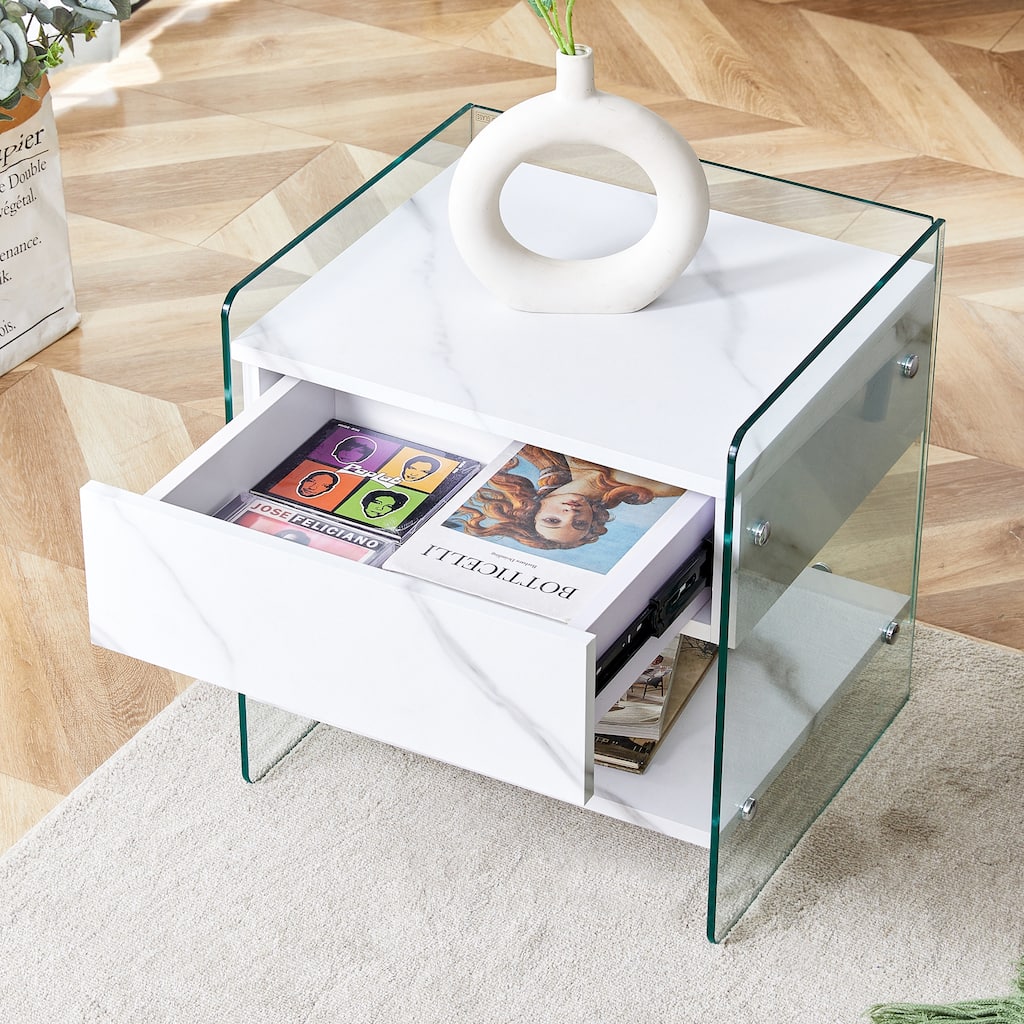 Elegant Bedside Table with Drawers, Transparent Tempered Glass