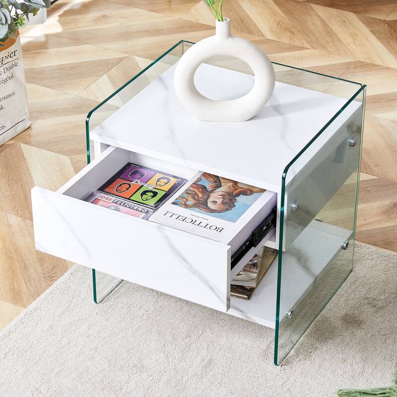 Elegant Bedside Table with Drawers, Transparent Tempered Glass - White