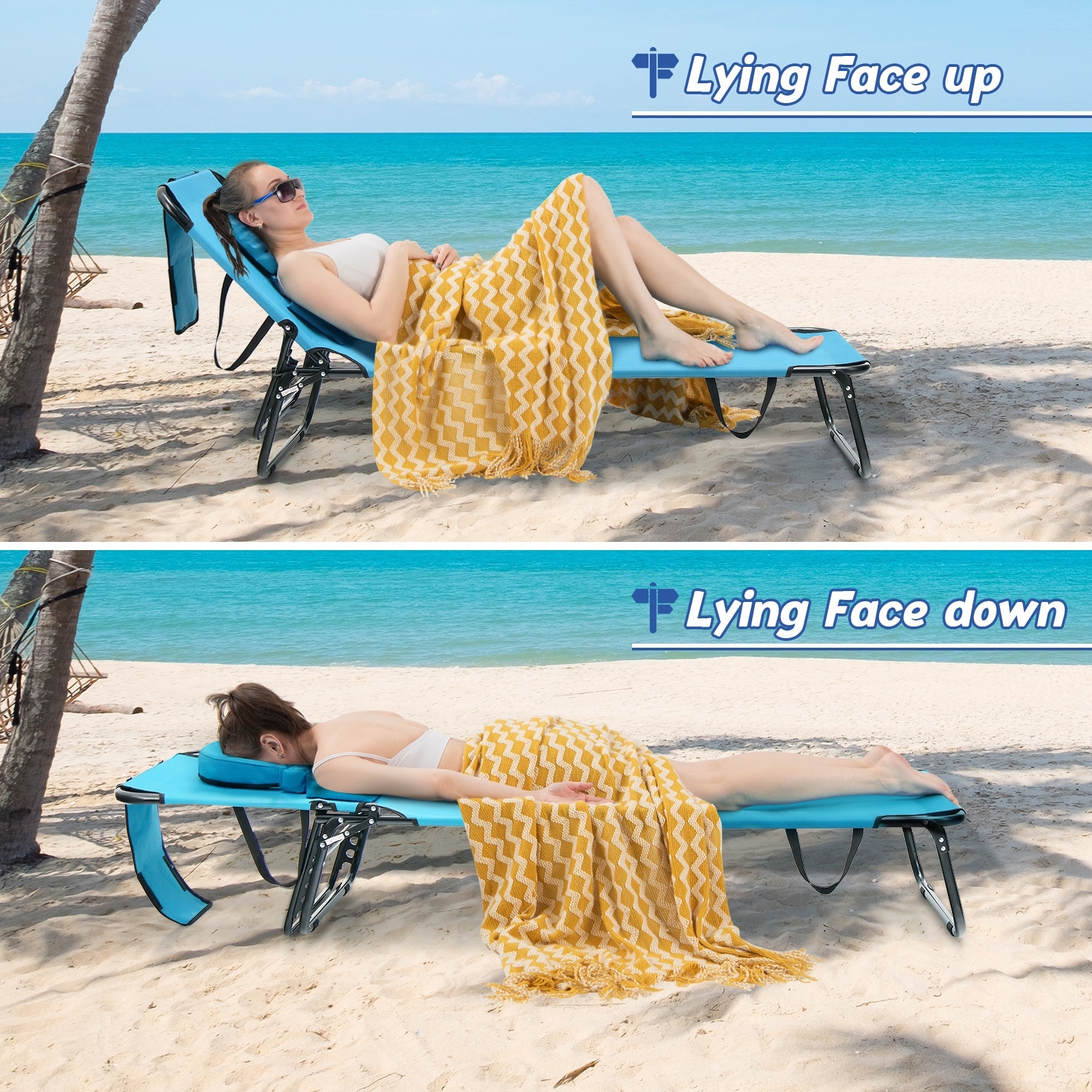 Costway Beach Chaise Lounge Chair with Face Hole Pillows 5