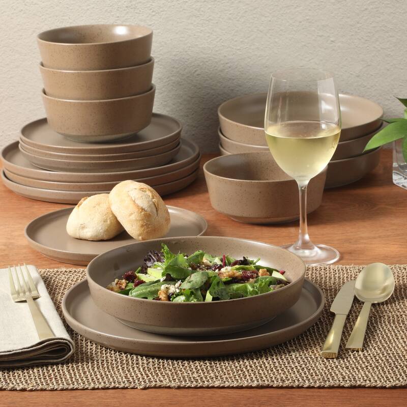 Gibson Elite Overbrook 16-Piece Pottery Clay Stoneware Stackable Dinnerware Set - Plates & Bowls, Reactive Glaze, Service for 4