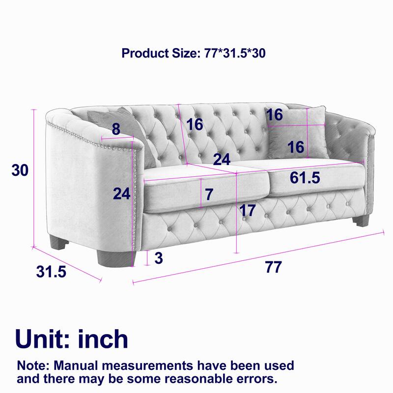 77'' Modern Velvet 3-Seater Sofa with Tufted Backrests, Nailhead Trim, and 2 Pillows
