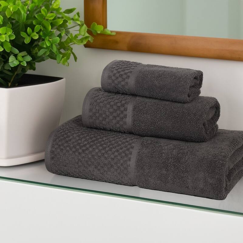 Superior Lodie Cotton Plush Absorbent Jacquard Solid 3 Piece Towel Set - Charcoal