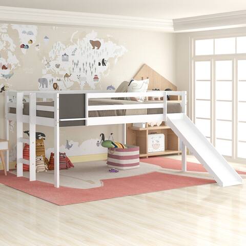 Loft Bed Wood Bed with Slide, Stair and Chalkboard,13.7", Pine Wood Frame & Chalkboard,Three Classic Colors