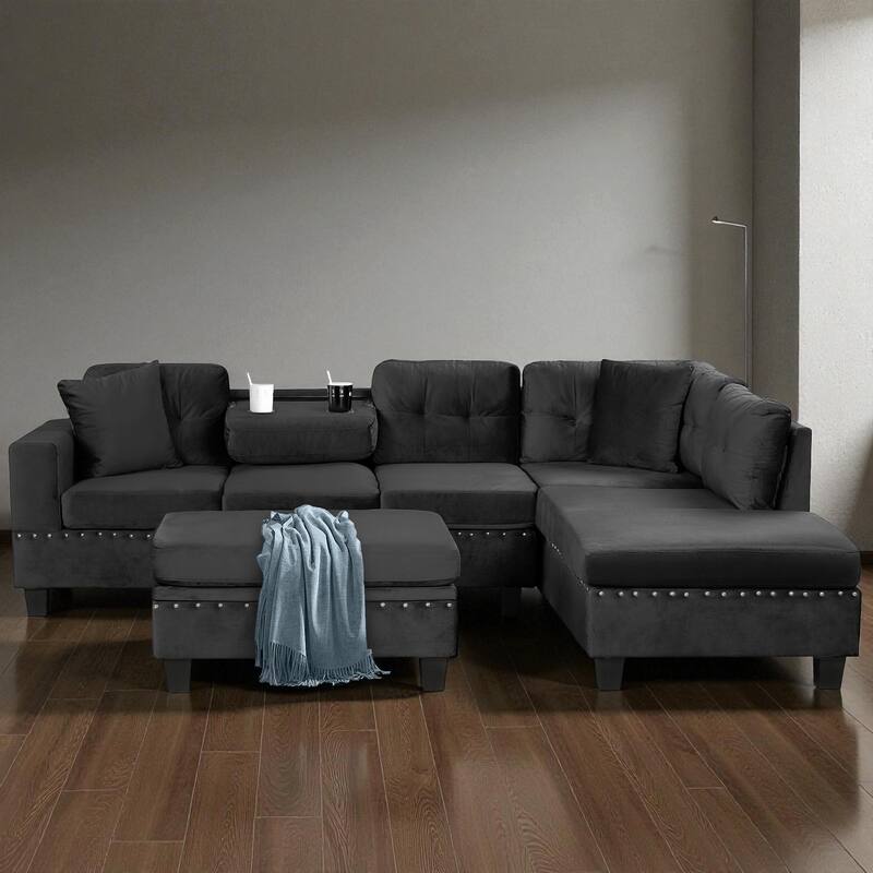 105" Modern L-Shaped Sectional Sofa with Storage Ottoman, Reversible Chaise, Velvet Upholstery and Cup Holders for Living Room