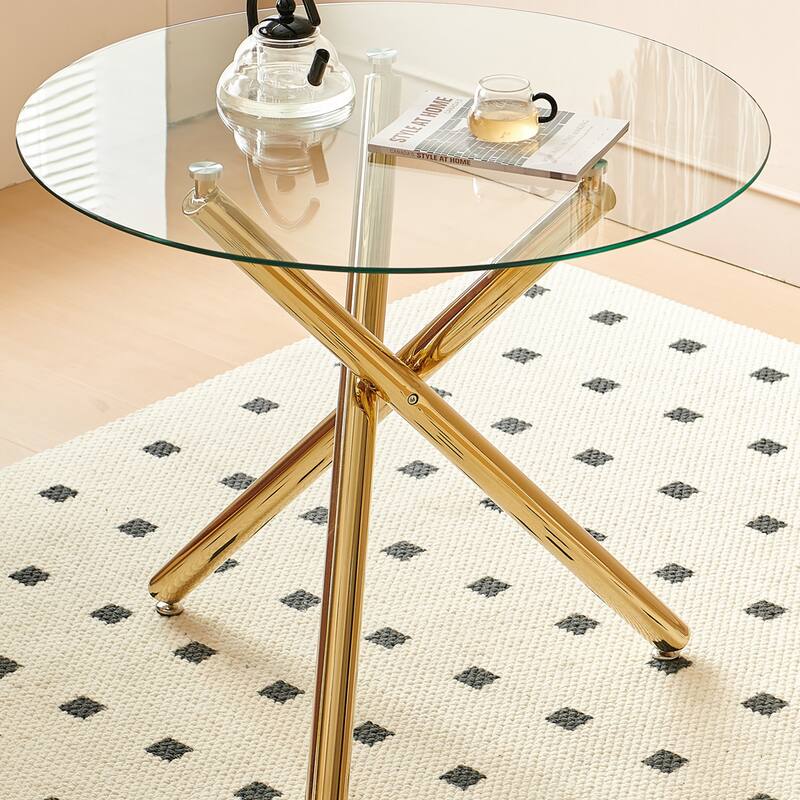 Golden Glass and Metal 35 in. Dining Table Seats 3 - Golden