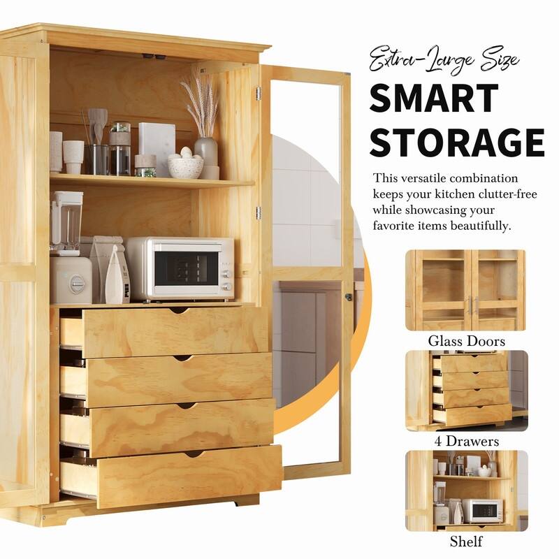 75" Tall Pine Wood Kitchen Pantry Cabinet with Glass Doors Four Drawers and Anti-Tipping Safety Features